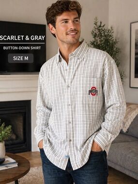 Ohio State Buckeyes Button Down Shirt Men’s M Plaid Scarlet & Gray OSU